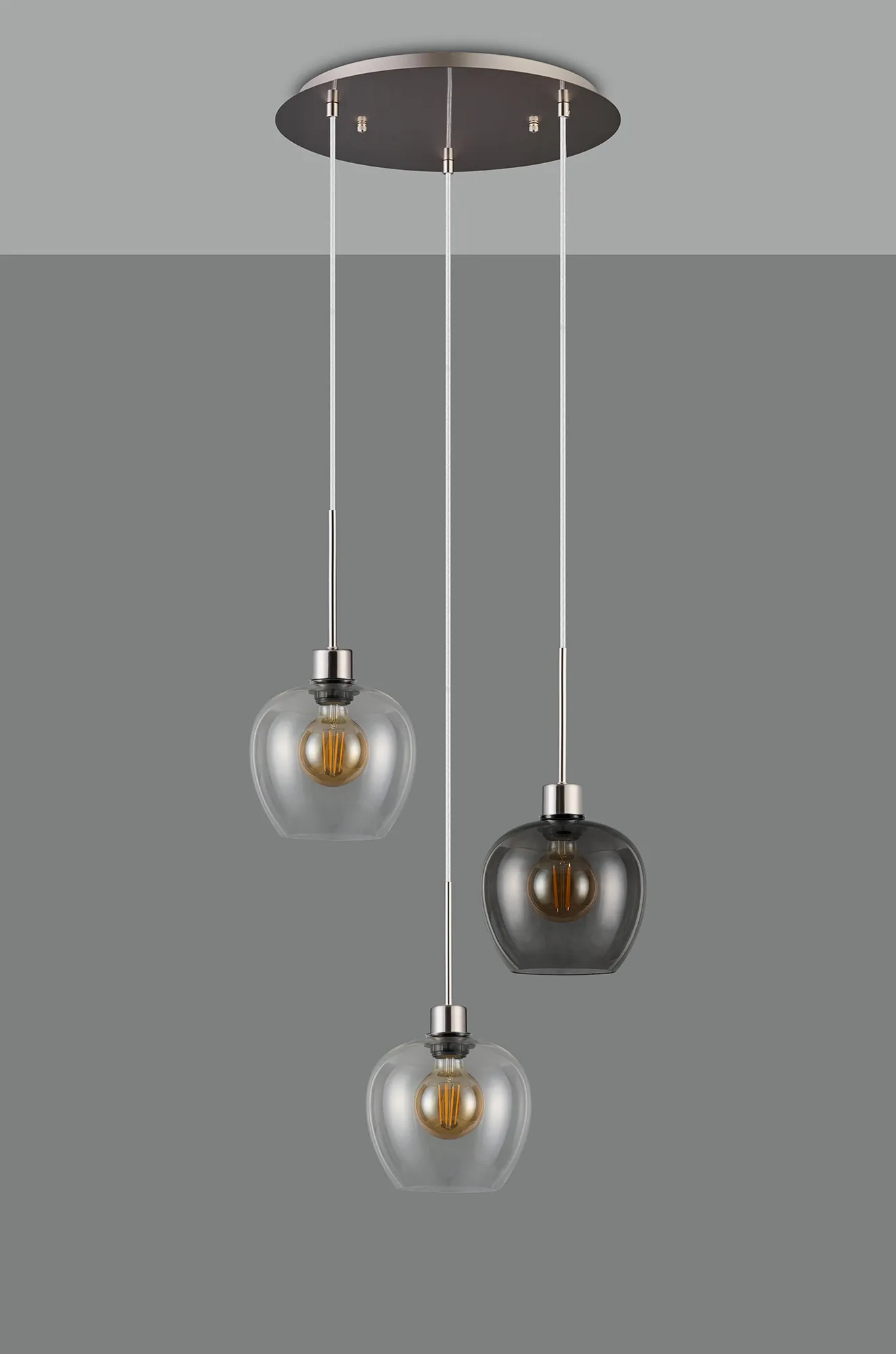 Lori 40cm Round Pendant, 3 Light Adjustable E27, Satin Nickel/Clear/Smoke Wine Shades DK1372  Deco Lori Satin Nickel